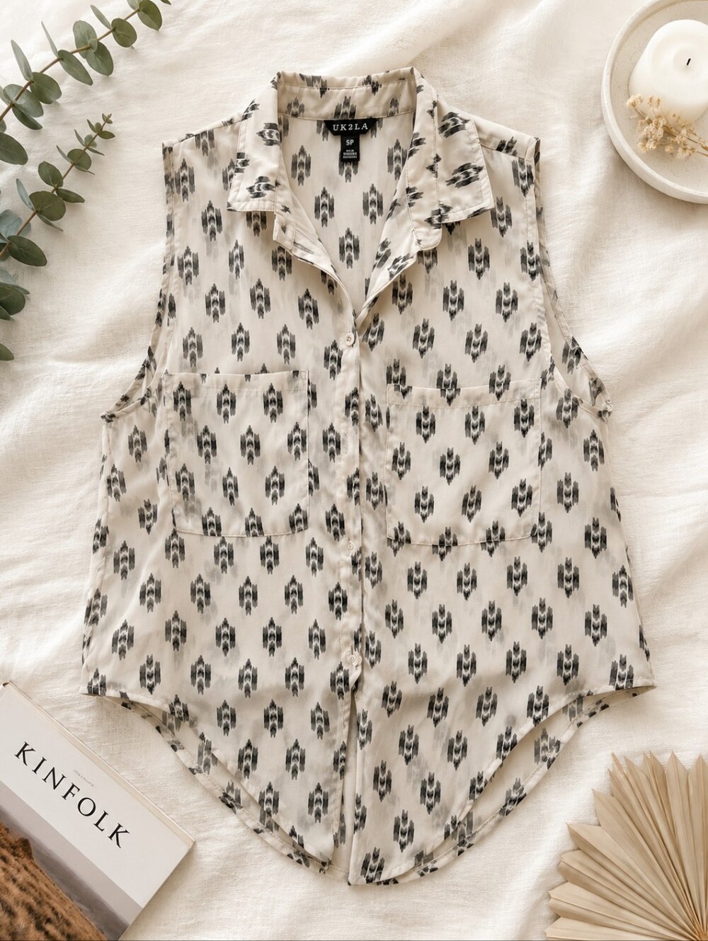 UK2LA Beige Sleeveless Printed Button-Front Sheer Top